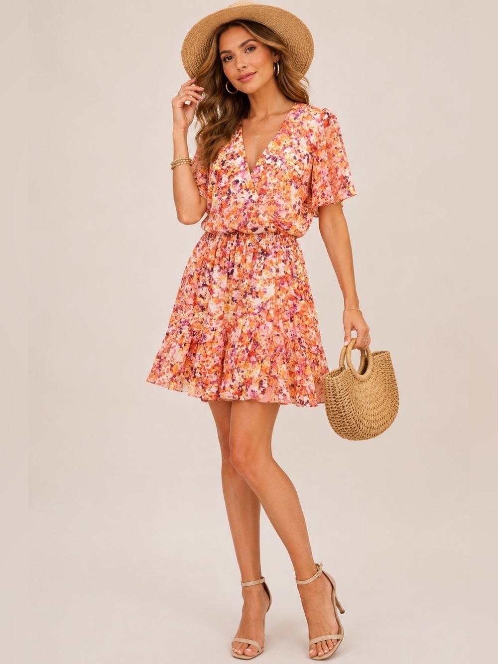 Laundry by Shelli Segal Floral Ruffle Dress Size 12 Pink Orange Lined Boho